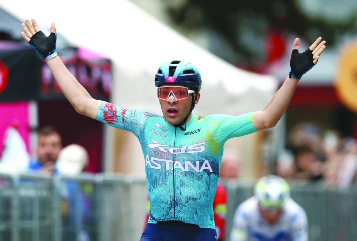 XDS Astana Team’s Guillermo Thomas Silva crosses the line to win the Giro d’Italia Stage 2 in Veliko Tarnovo Bulgaria, Saturday. (Reuters)