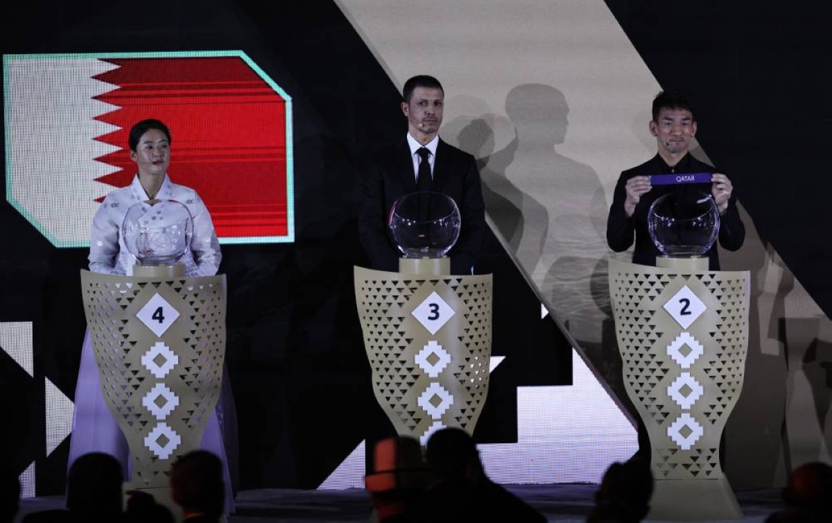 Japan football player Hidetoshi Nakata draws Qatar at the AFC Asian Cup 2027 draw ceremony in Riyadh, Saudi Arabia, on May 9, 2026. (Reuters)