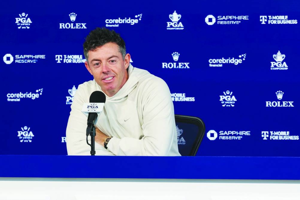 Rory McIlroy of Northern Irelan speaks to the media during a practice round prior to the PGA Championship at Aronimink Golf Club on May 12, 2026 in Newtown, Pennsylvania.  AFP 