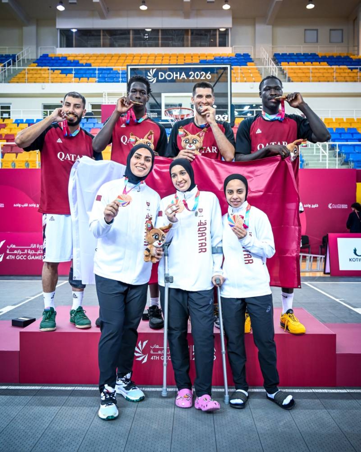 Qatar’s 3x3 basketball men and women teams celebrate with their medals at the 4th GCC Games Doha 2026.

