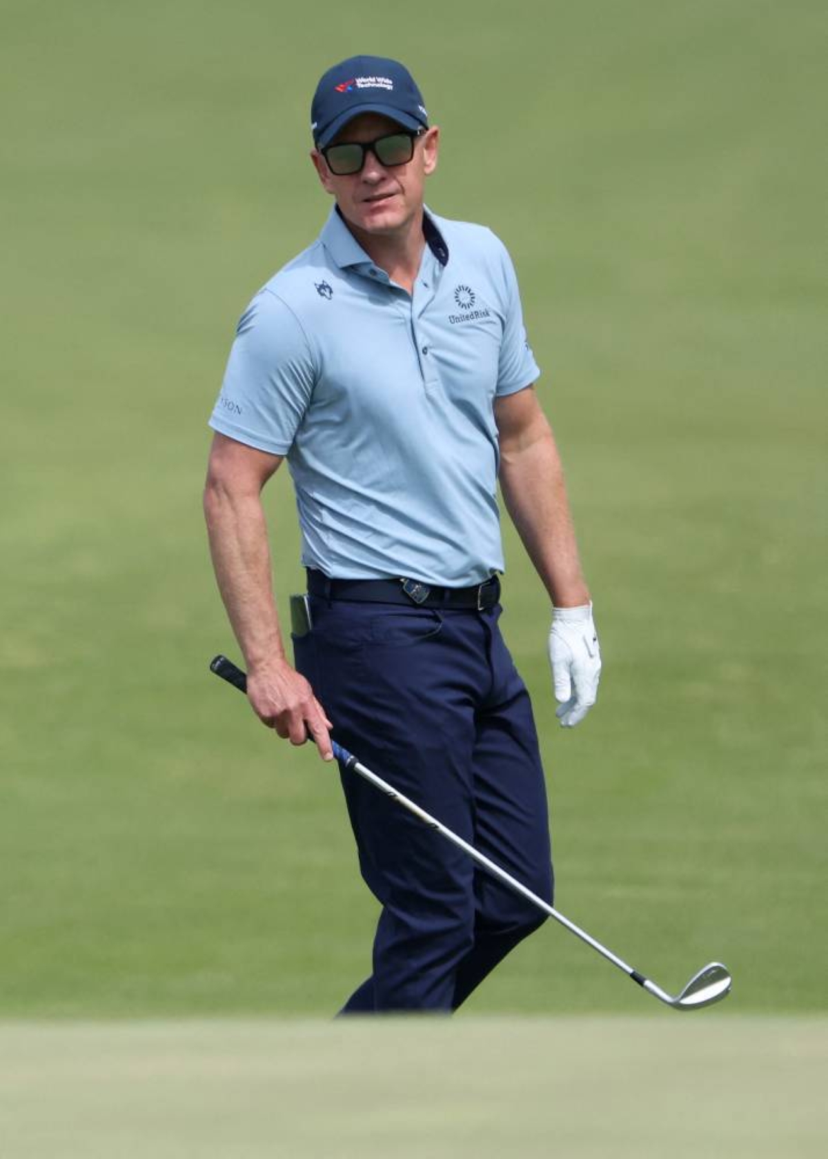 Luke Donald of England looks on while playing the first hole during a practice round prior to the PGA Championship at Aronimink Golf Club on May 13, 2026 in Newtown, Pennsylvania. (AFP)