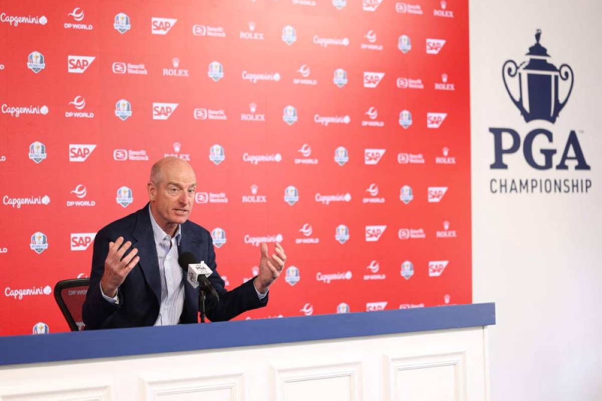 Jim Furyk of the United States talks with media during a press conference prior to the PGA Championship at Aronimink Golf Club on May 13, 2026 in Newtown, Pennsylvania. (AFP)