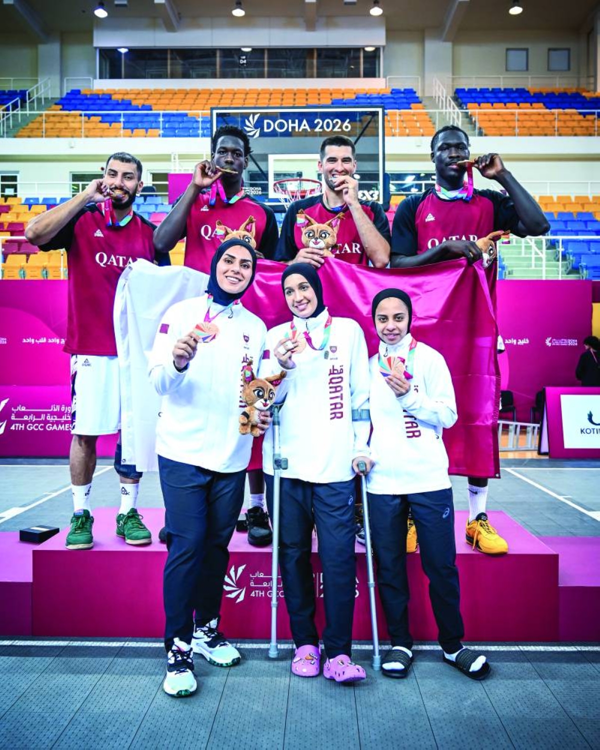 Qatar’s men’s and women’s teams celebrate after winning gold and bronze medals respectively in the 3x3 basketball competition at the GCC Games Wednesday.