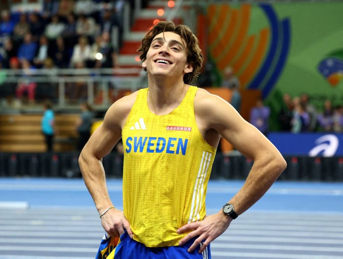 FILE PHOTO: Sweden's Armand Duplantis celebrates winning the men's pole vault final at the World Indoor Championships in Kujawsko-Pomorska Arena, Torun, Poland, on March 21, 2026. (Reuters)