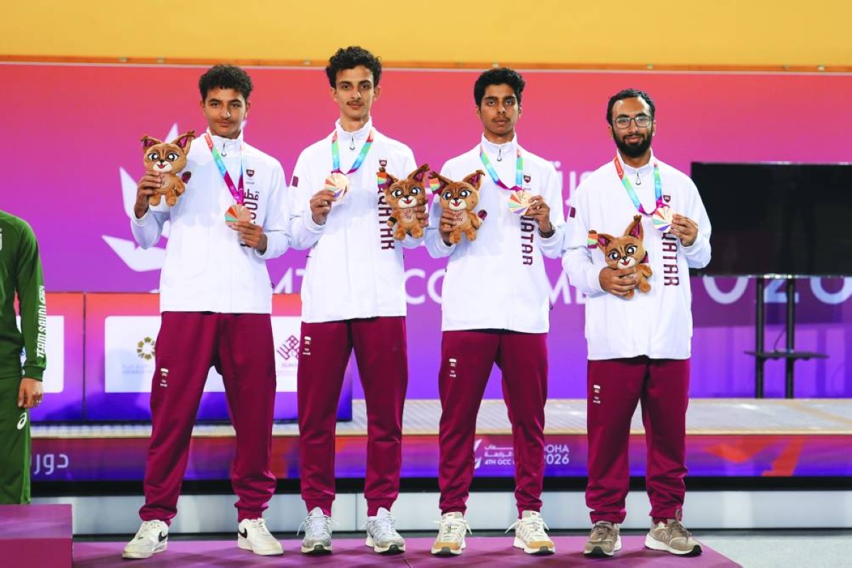 
Qatar’s foil fencing team Khaled al-Yafai, Abdullah Khalifa, Ali Turki al-Athba and Abdulrahman Bughrib pose with their gold medals. 