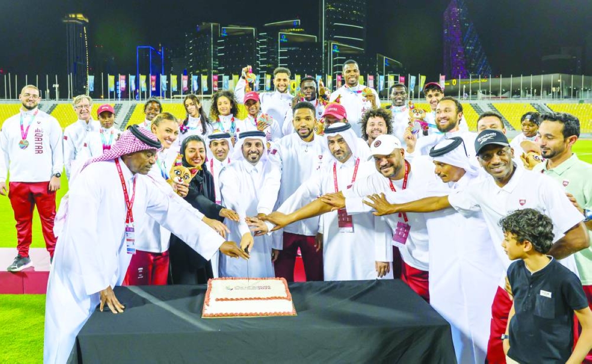 Qatar's athletes and Qatar Athletics Federation president Mohammed al-Fadala celebrate the home team's superb performances at the 4th GCC Games - Doha 2026 at Suheim Bin Hamad Stadium in Doha Sunday. Qatar ended the athletics campaign with 34 medals including 12 gold, 13 silver and 9 bronze. On the final day, Qatar added nine medals including two gold, five silver, and two bronze to secure top spot in GCC athletics. 
Picture: Noushad Thekkayil