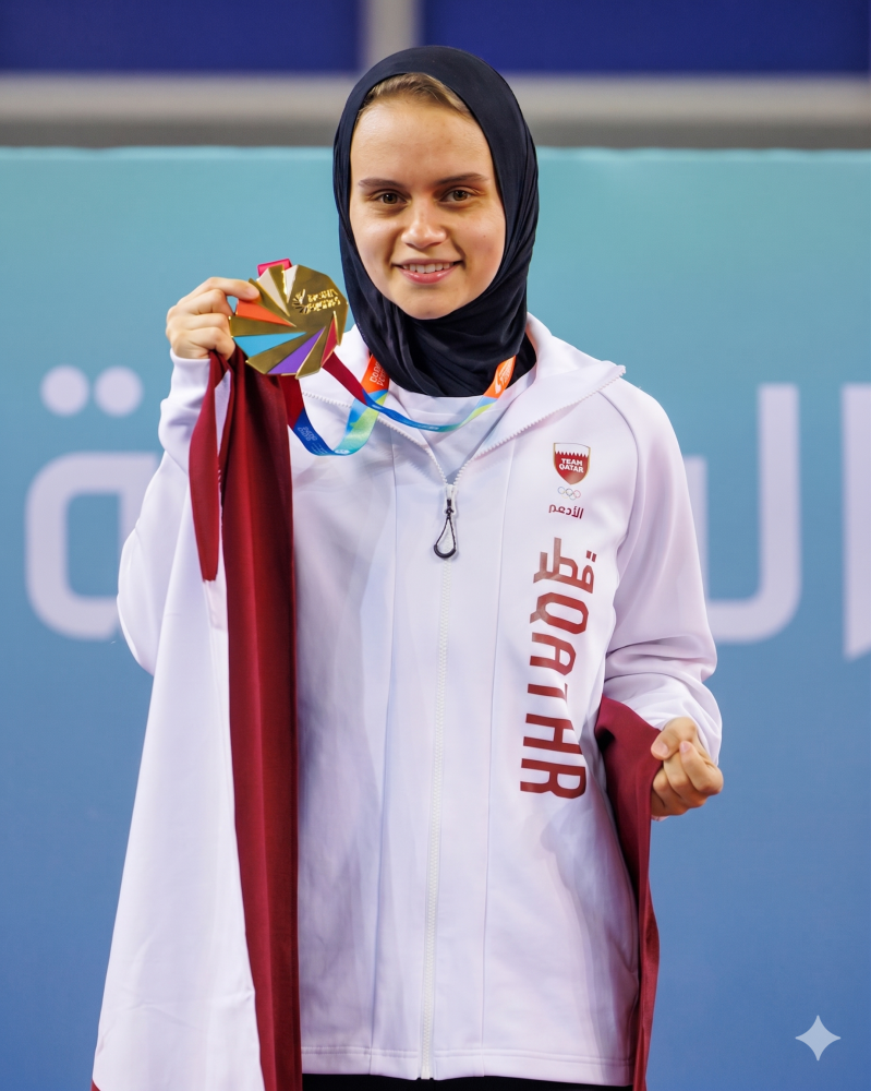 Ayah Muhammad celebrates after winning the women's singles table tennis competitions at the 4th GCC Games – Doha 2026.