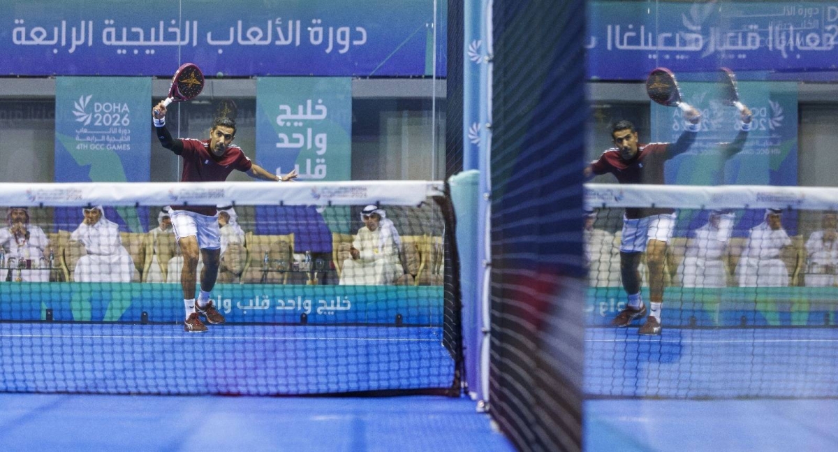 Qatar’s Mohammed Saadoun al-Kuwari in action during his team’s padel game against Kuwait. Qatar secured a 3-0 win at the courts installed at Aspire Academy.  
