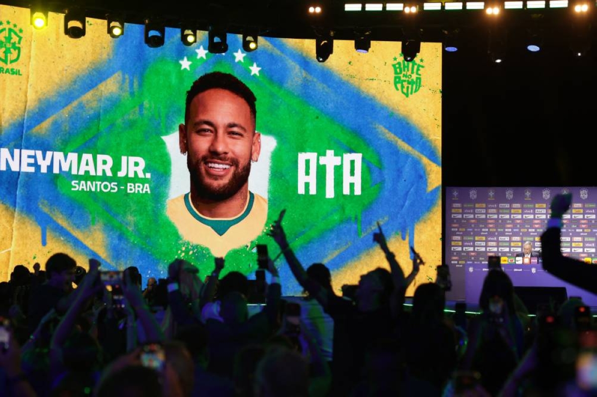 Neymar is picture is displayed on the screen as Brazil coach Carlo Ancelotti names the squad for the FIFA World Cup 2026. (Reuters)