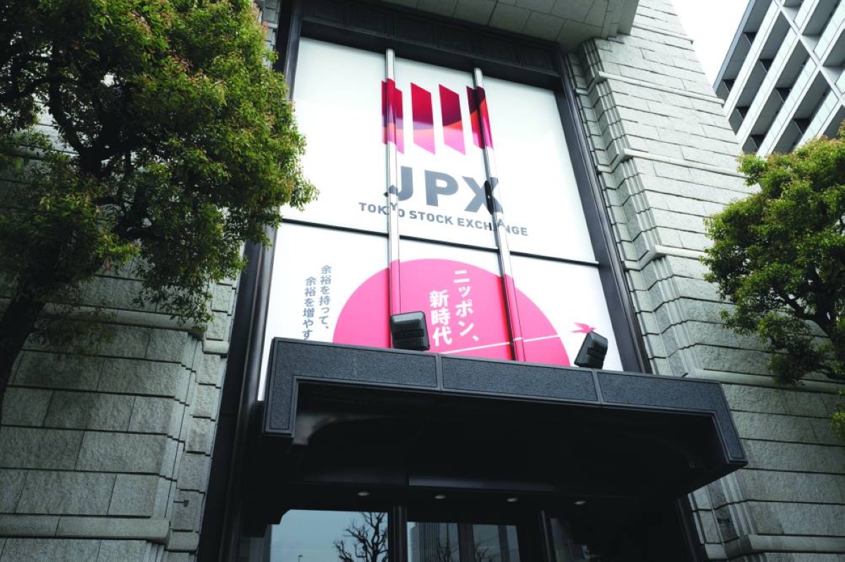 An external view of the Tokyo Stock Exchange building. The Nikkei 225 closed down 0.4% to 60,550.59 points Tuesday.