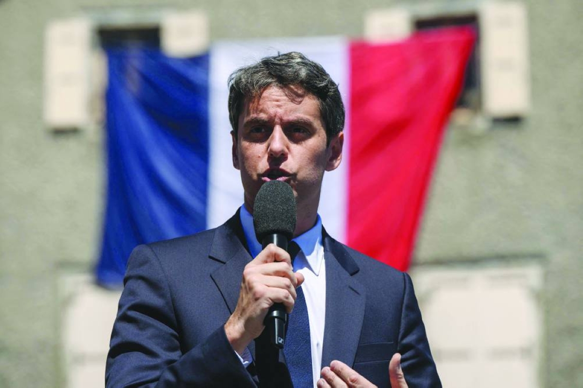General Secretary of French centrist party Renaissance Gabriel Attal delivers a speech during a visit to the village of Mur-de-Barrez in the Aveyron department, southwestern France on May 22, 2026. (Photo by Ed JONES / AFP)