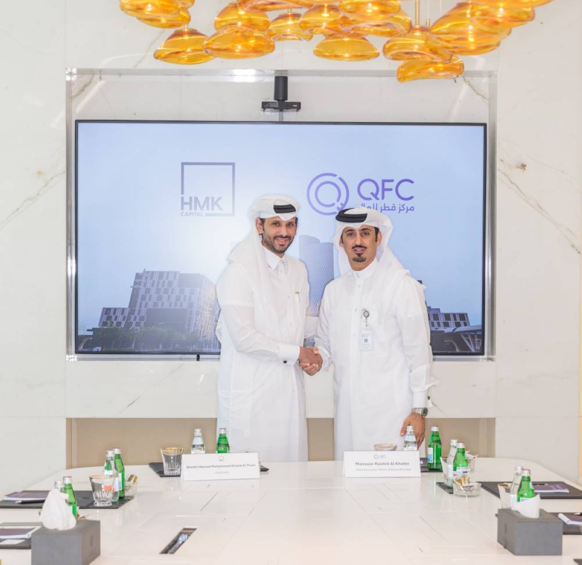 Mansoor Rashid al-Khater, chief executive officer of QFC and Sheikh Hamad Mohammed Khalid al-Thani, chairman and founder of HMK Capital after the launch of Qatar’s first REIT fund.