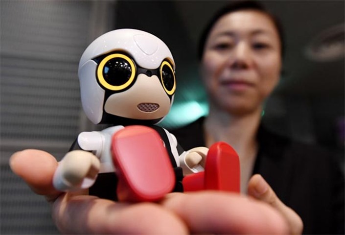 A Toyota employee displays the company\'s new communication robot Kirobo Mini in Tokyo