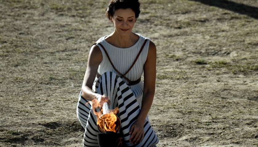 Actress Katerina Lechou at the Temple of Hera during a dressed rehearsal of the lighting ceremony of