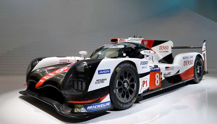 Toyota TS050 HYBRID race car is on display at the Toyota booth during the Tokyo Motor Show
