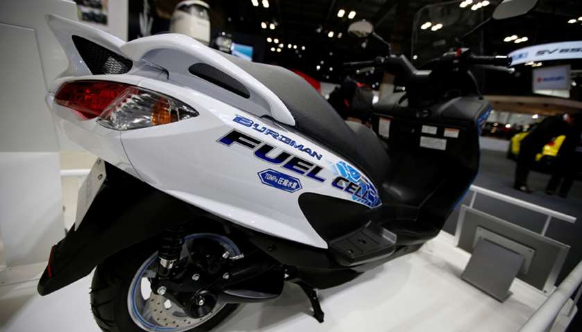 Suzuki Motor displays fuel cell shooter Burgman during media preview of the 45th Tokyo Motor Show