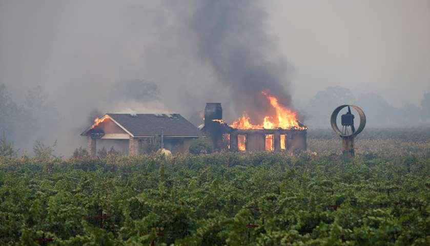 A burning structure is seen in the middle of a vineyard during the Kincade fire in Geyserville