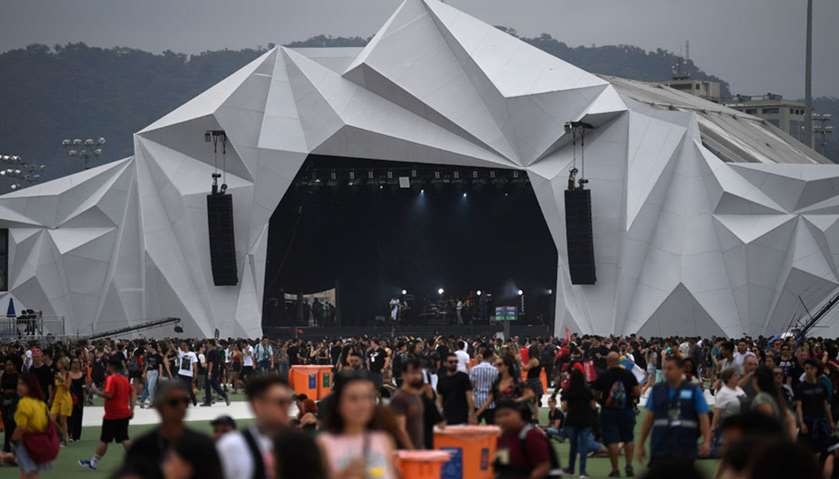 People are seen in front of the Sunset Stage during the last day of the Rock in Rio music festival