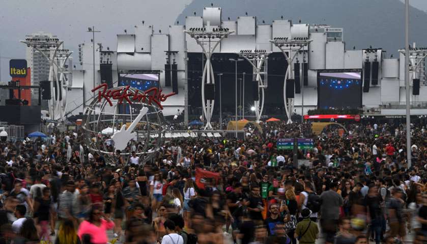View of the metal structure of the Rock in Rio\'s logo (L) and the main stage, the World Stage (backg