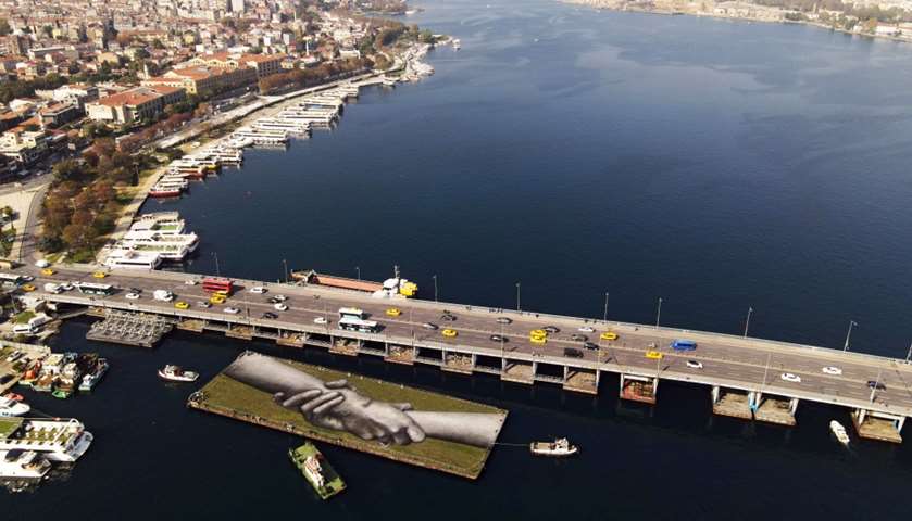 An aerial view of artwork on a floating barge over the Golden Horn in Istanbul