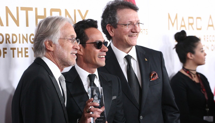 (L-R) Neil Portnow, president and CEO of the Recording Academy, Singer Marc Anthony, and Gabriel Aba