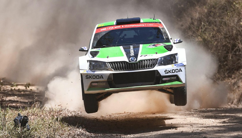 Esapekka Lappi of Finland leaps over a jump in his Skoda Fabia R5 rally car