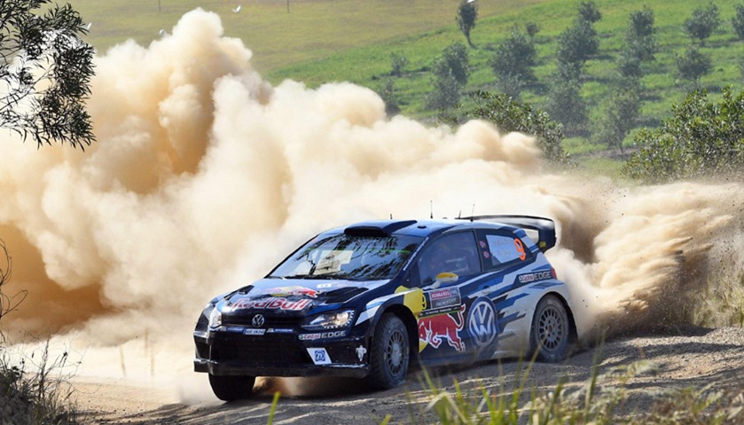 Andreas Mikkelsen of Norway drives his Volkswagen Polo WRC car through a corner