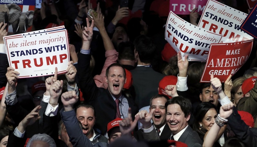 Supporters celebrate as returns come in for Donald Trump during an election night rally in Manhattan