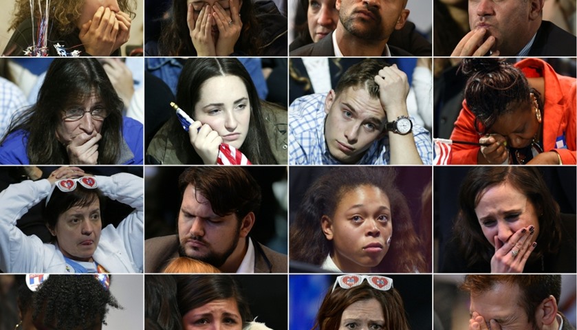 Pictures that show supporters of Democratic candidate Hillary Clinton reacting to election results