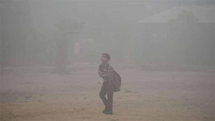 A schoolboy walks along a road amid heavy smog. Delhi shut all primary schools on Wednesday