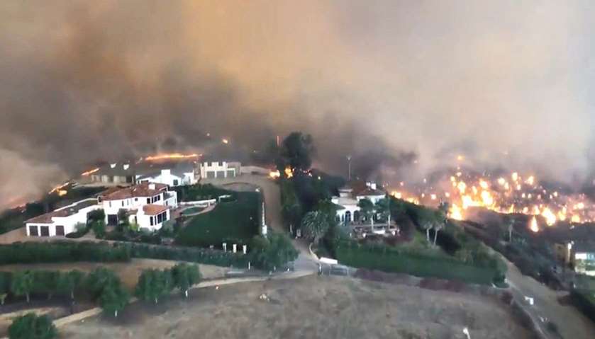 An aerial view showing the Woolsey Fire in Malibu, California