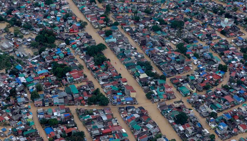 An aerial view of the flooding in Manila, Philippines, as Typhoon Vamco unleashed some of the worst 