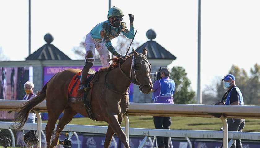 Irad Ortiz Jr. aboard Whitmore (7) celebrates after winning the Breeders\' Cup Sprint

