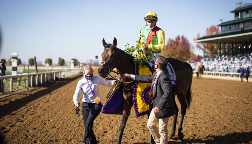 Audarya with Pierre-Charles Boudot up walks towards the winner\'s circle