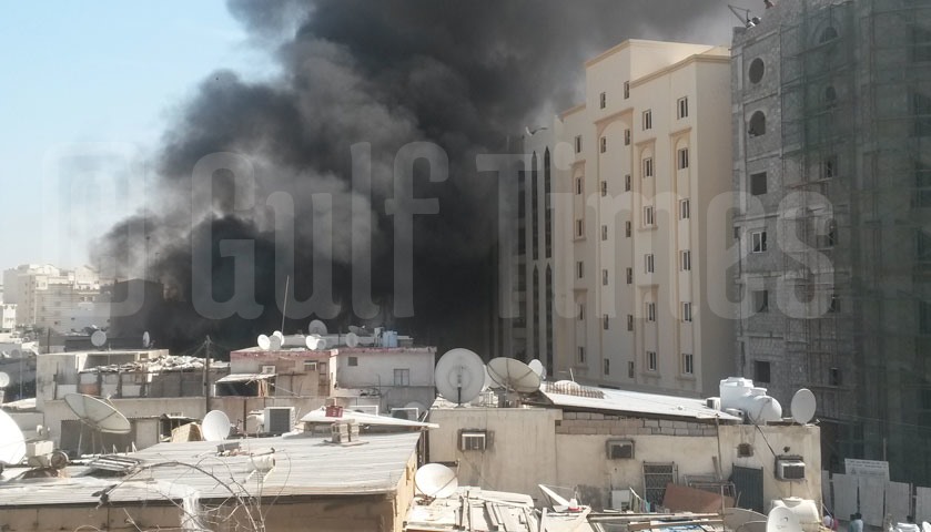 Smoke billowing from the fire broke out this morning near Souq Haraj
