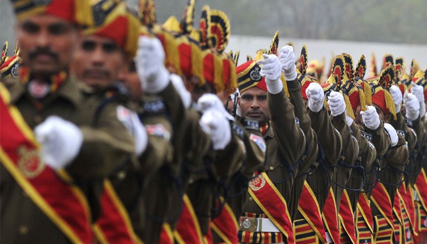 Indian Railway Protection Force (RPF) personnel march during the parade