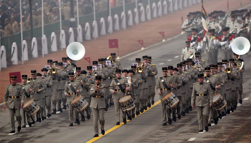 A French Army contingent marches past during the parade