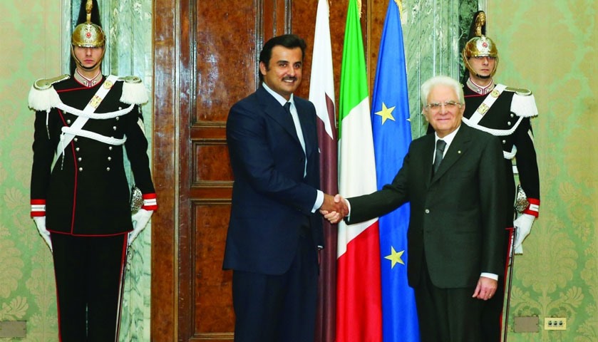 HH the Emir Sheikh Tamim bin Hamad al-Thani shakes hands with Italian President Sergio Mattarella