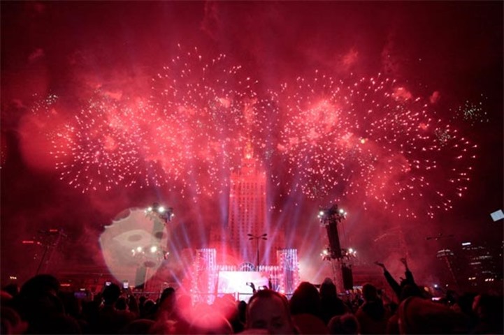 The fireworks display at the Palace of Culture during celebrations in Warsaw, Poland