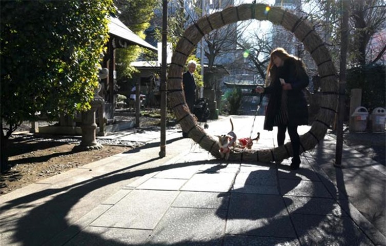 A woman walks her dogs through a sacred straw ring during a pet blessing ceremony