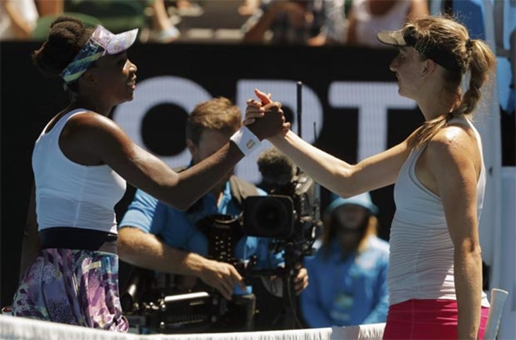 Venus Williams of the US shakes hands after winning her match against Germany\'s Mona Barthel