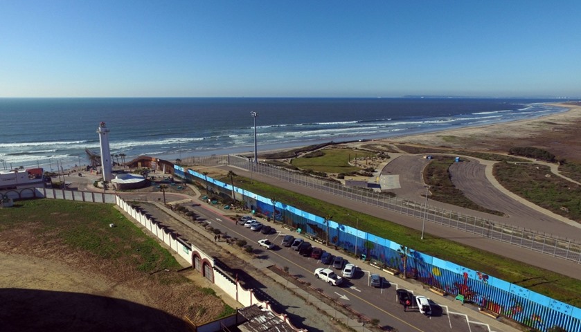 Aerial picture taken with a drone of the urban fencing at Playas de Tijuana, northwestern Mexico