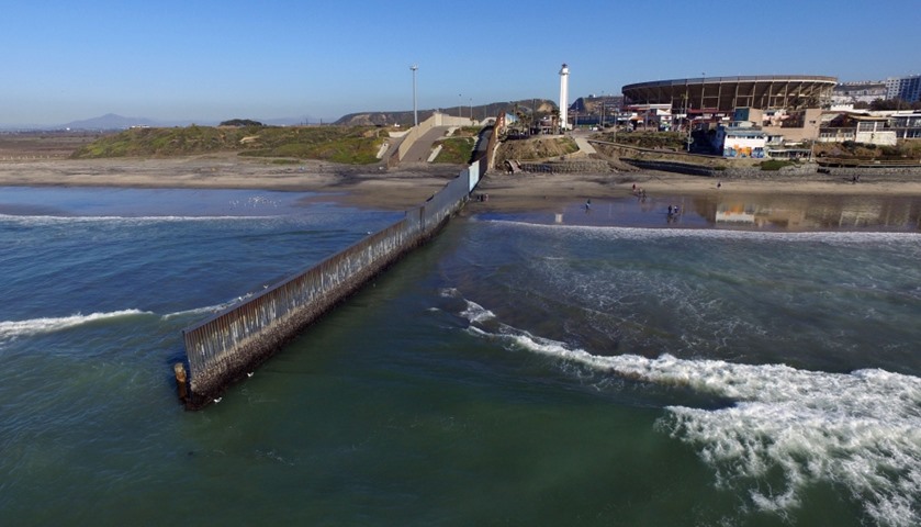 Aerial picture taken with a drone of the urban fencing at Playas de Tijuana, northwestern Mexico