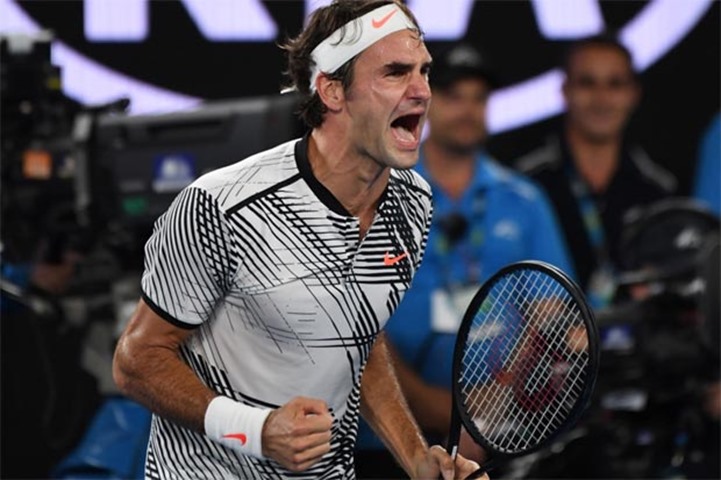 Roger Federer expresses his joy after his victory against Rafael Nadal
