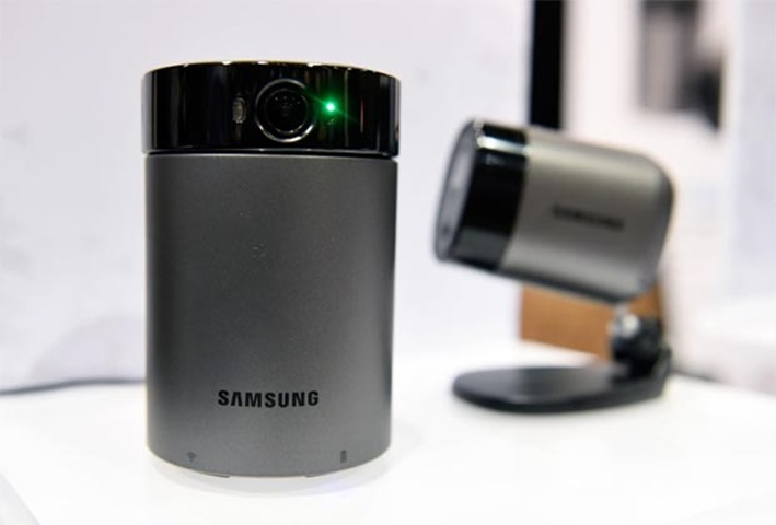 Samsung Wisenet wireless cameras are displayed during a press event for CES 2017
