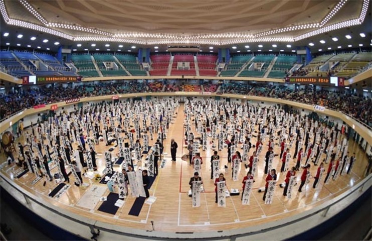 Contestants display their calligraphy banners during the annual contest in Tokyo on Thursday