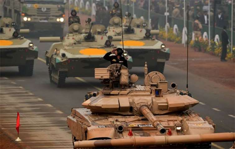 Indian Army T-90 (Bhishma) tanks take part in the Republic Day Parade in New Delhi on Friday