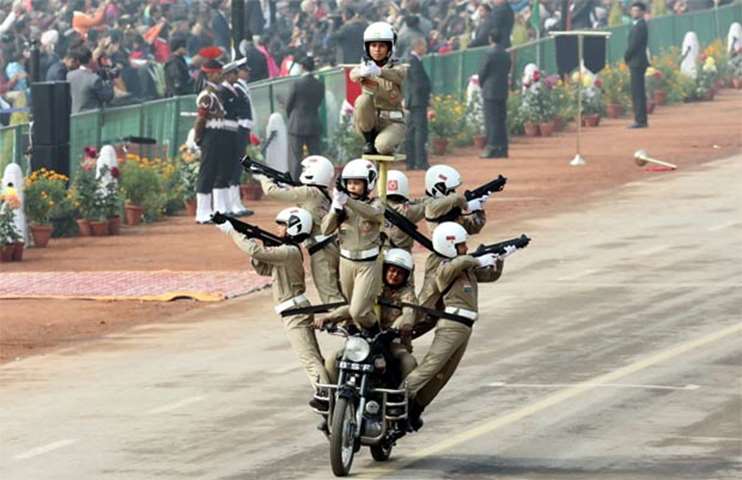 The Seema Bhawani Indian Border Security Force women’s motorcycle team performs
