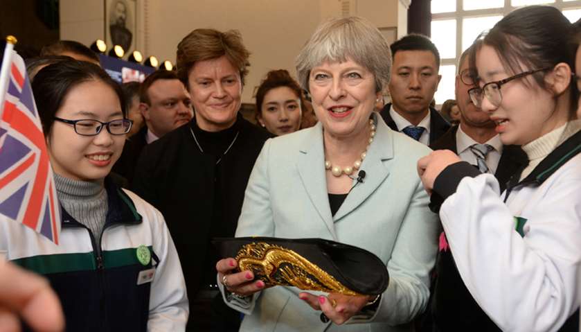 British Prime Minister Theresa May attends an event at Wuhan University in Wuhan, Hubei province