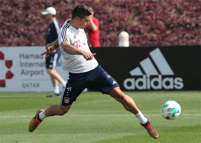 James Rodriguez is seen in action during Bayern Munich’s training in Doha
